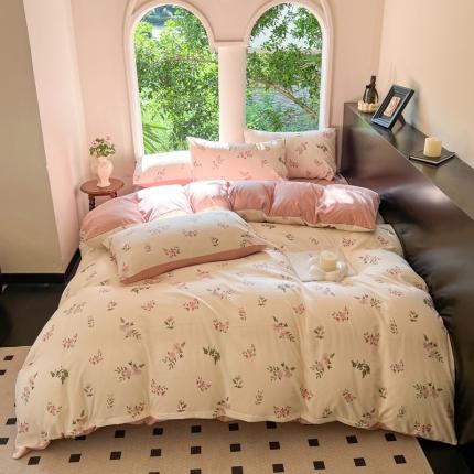 91家纺网 家纺一手货源 找家纺 一比一新款直播爆款超柔提花小竺棉法式复古亲肤水洗四件套午后时光-粉