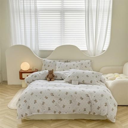 91家纺网 家纺一手货源 找家纺 优眠坊 2025新款全棉双层纱四件套 波点小熊