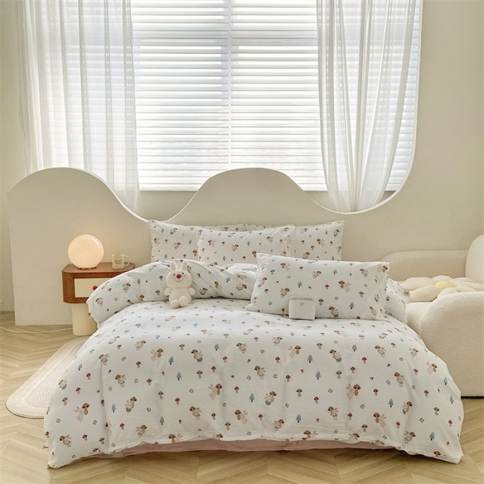 91家纺网 家纺一手货源 找家纺 优眠坊 2025新款全棉双层纱四件套 蘑菇小兔