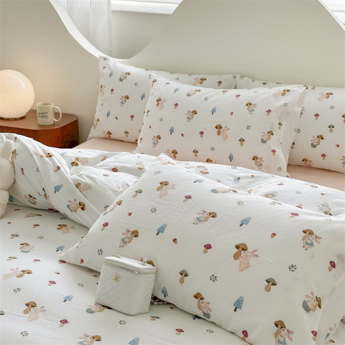 91家纺网 家纺一手货源 找家纺 优眠坊 2025新款全棉双层纱四件套 蘑菇小兔