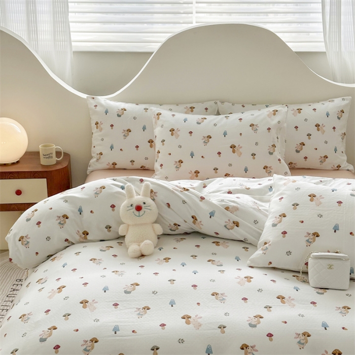 91家纺网 家纺一手货源 找家纺 优眠坊 2025新款全棉双层纱四件套 蘑菇小兔