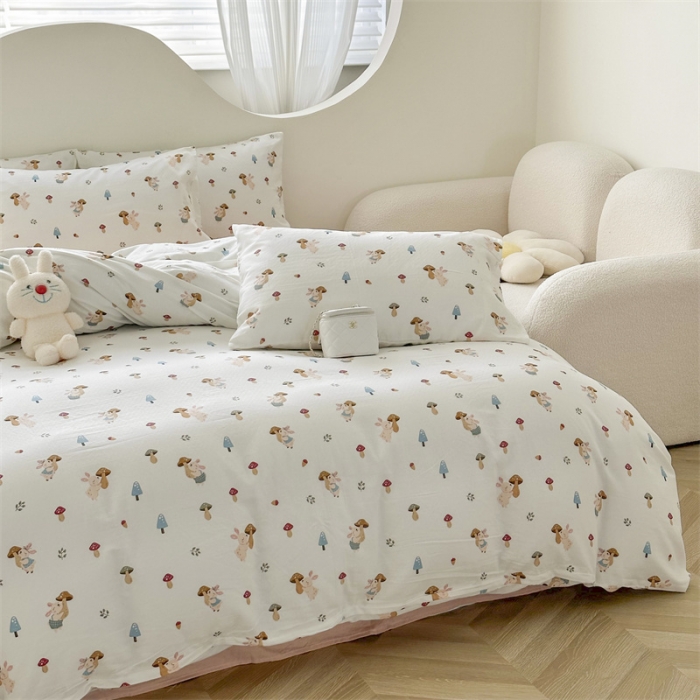 91家纺网 家纺一手货源 找家纺 优眠坊 2025新款全棉双层纱四件套 蘑菇小兔