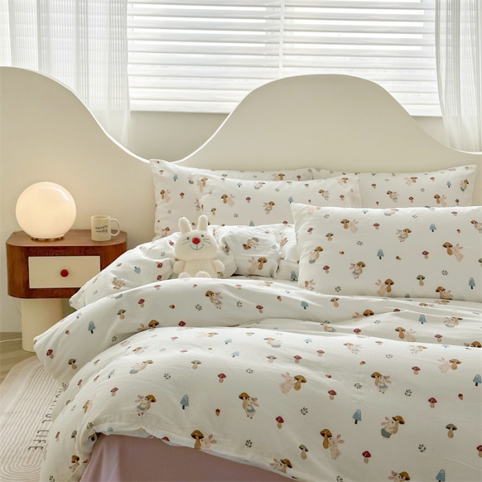 91家纺网 家纺一手货源 找家纺 优眠坊 2025新款全棉双层纱四件套 蘑菇小兔