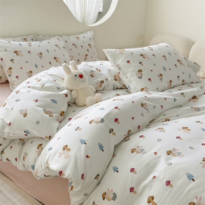 91家纺网 家纺一手货源 找家纺 优眠坊 2025新款全棉双层纱四件套 蘑菇小兔