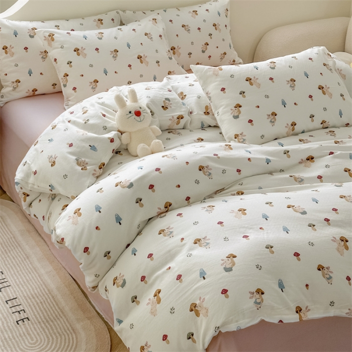 91家纺网 家纺一手货源 找家纺 优眠坊 2025新款全棉双层纱四件套 蘑菇小兔