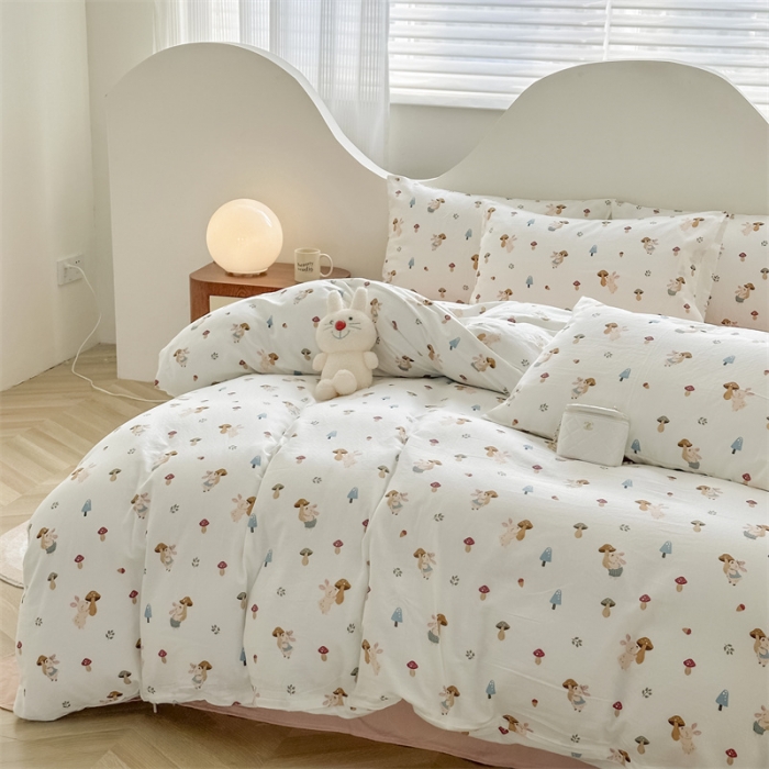 91家纺网 家纺一手货源 找家纺 优眠坊 2025新款全棉双层纱四件套 蘑菇小兔