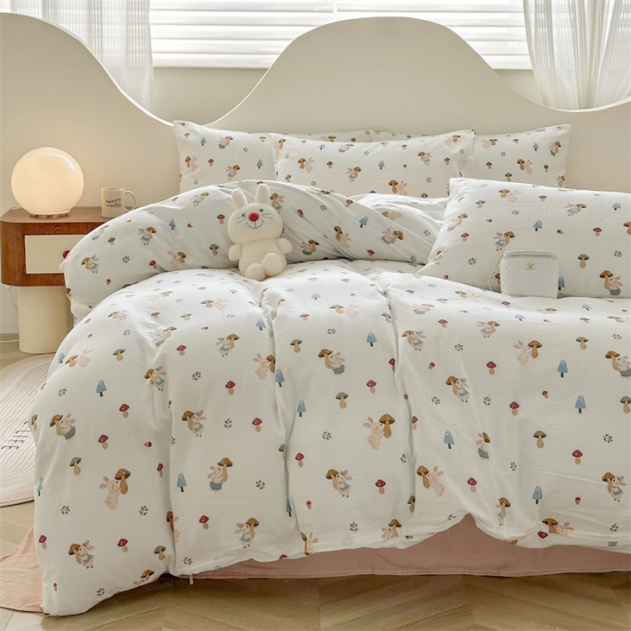 91家纺网 家纺一手货源 找家纺 优眠坊 2025新款全棉双层纱四件套 蘑菇小兔