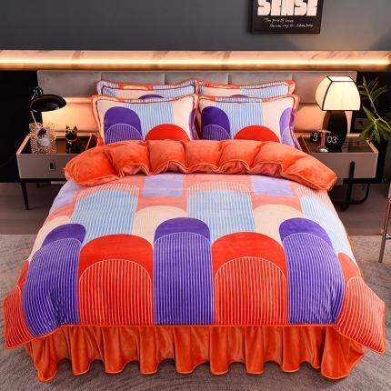 91家纺网 家纺一手货源 找家纺 盈超2023新款A类高克重印花牛奶绒金貂绒床裙款保暖绒四件套 橙色门庭