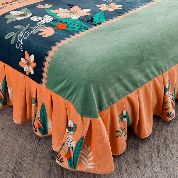 91家纺网 家纺一手货源 找家纺 盈超2023新款A类高克重印花牛奶绒金貂绒床裙款保暖绒四件套 简易时尚