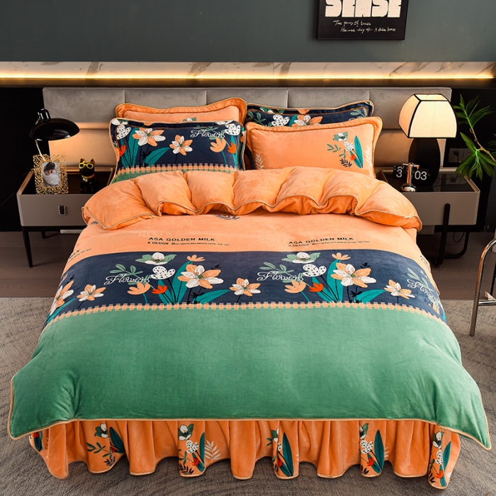 91家纺网 家纺一手货源 找家纺 盈超2023新款A类高克重印花牛奶绒金貂绒床裙款保暖绒四件套 简易时尚