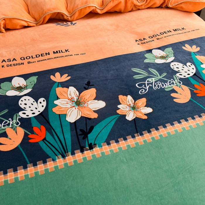 91家纺网 家纺一手货源 找家纺 盈超2023新款A类高克重印花牛奶绒金貂绒床裙款保暖绒四件套 简易时尚