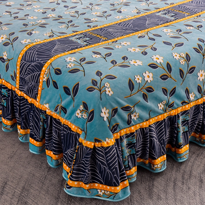 91家纺网 家纺一手货源 找家纺 盈超2023新款A类高克重印花牛奶绒金貂绒床裙款保暖绒四件套 雏菊