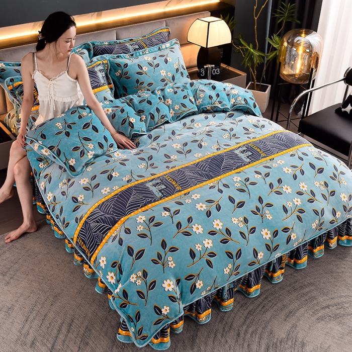 91家纺网 家纺一手货源 找家纺 盈超2023新款A类高克重印花牛奶绒金貂绒床裙款保暖绒四件套 雏菊