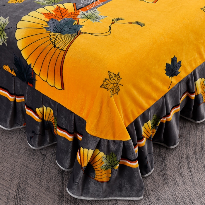 91家纺网 家纺一手货源 找家纺 盈超2023新款A类高克重印花牛奶绒金貂绒床裙款保暖绒四件套 折扇