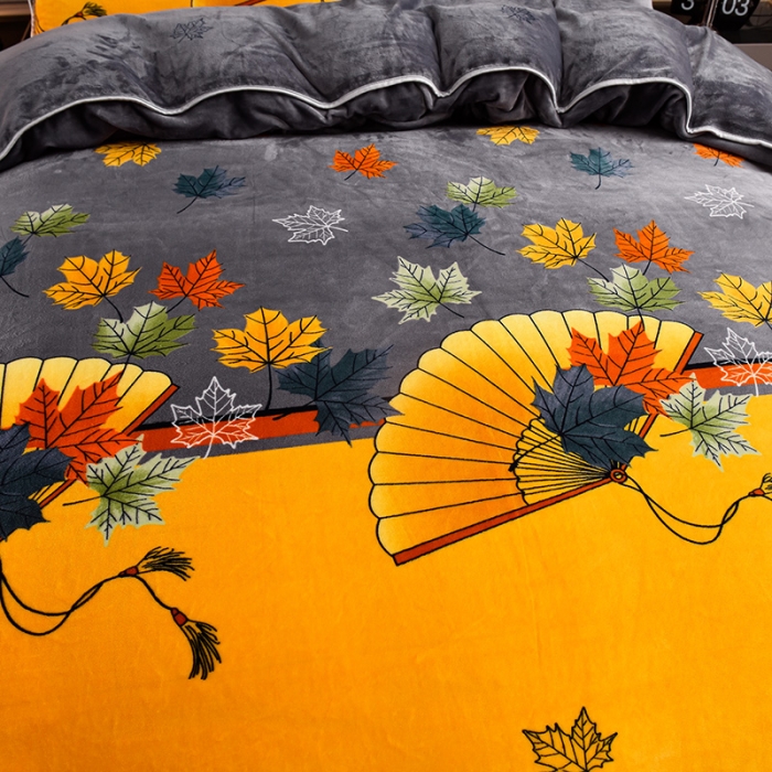 91家纺网 家纺一手货源 找家纺 盈超2023新款A类高克重印花牛奶绒金貂绒床裙款保暖绒四件套 折扇