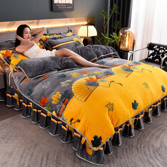 91家纺网 家纺一手货源 找家纺 盈超2023新款A类高克重印花牛奶绒金貂绒床裙款保暖绒四件套 折扇