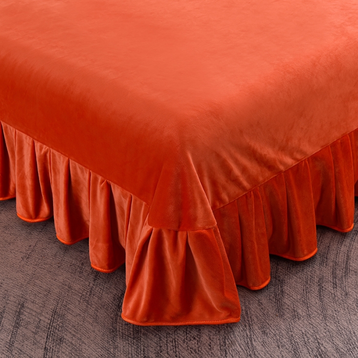 91家纺网 家纺一手货源 找家纺 盈超2023新款A类高克重印花牛奶绒金貂绒床裙款保暖绒四件套 橙色门庭