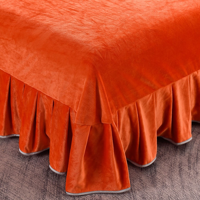 91家纺网 家纺一手货源 找家纺 盈超2023新款A类高克重印花牛奶绒金貂绒床裙款保暖绒四件套 桔色爱恋