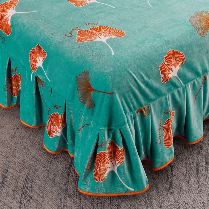 91家纺网 家纺一手货源 找家纺 盈超2023新款A类高克重印花牛奶绒金貂绒床裙款保暖绒四件套 绿庭扇叶