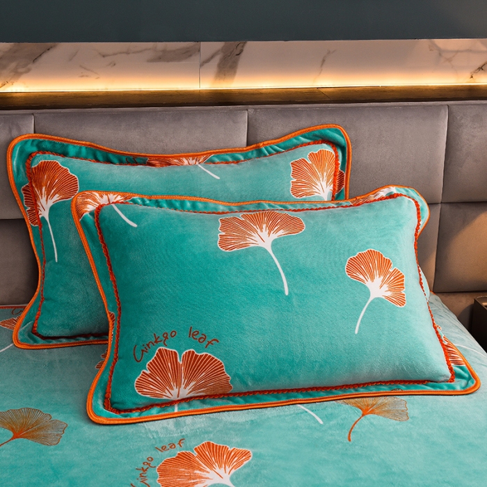 91家纺网 家纺一手货源 找家纺 盈超2023新款A类高克重印花牛奶绒金貂绒床裙款保暖绒四件套 绿庭扇叶