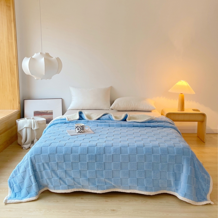 91家纺网 家纺一手货源 找家纺 梦舒羽 2025直播新款高克重塔芙绒羊羔绒多功能盖毯毛毯 棋盘格兰