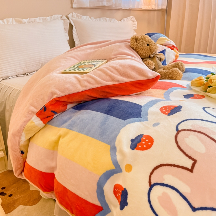 91家纺网 家纺一手货源 找家纺 眠博士 2023新款系列9印花简单款三件套 简单款单被套-彩条兔