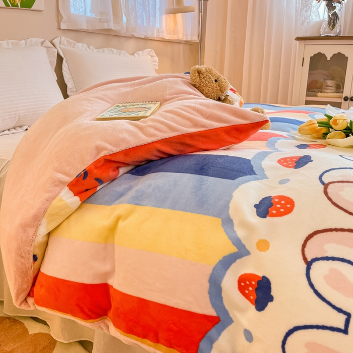 91家纺网 家纺一手货源 找家纺 眠博士 2023新款系列9印花简单款三件套 简单款单被套-彩条兔