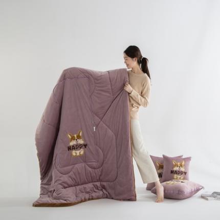 91家纺网 家纺一手货源 找家纺 雷娜 2023新款加厚泰迪绒哈士奇抱枕被 豆沙