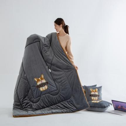 91家纺网 家纺一手货源 找家纺 雷娜 2023新款加厚泰迪绒哈士奇抱枕被 深灰