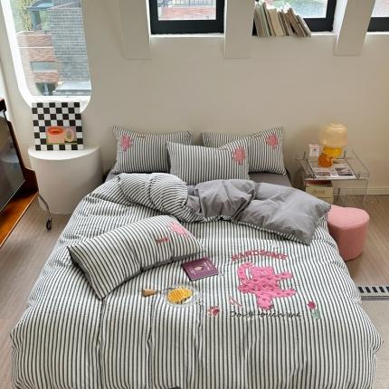 91家纺网 家纺一手货源 找家纺 柚子YOUTH 2023新款全棉水洗棉提花刺绣四件套猫星人