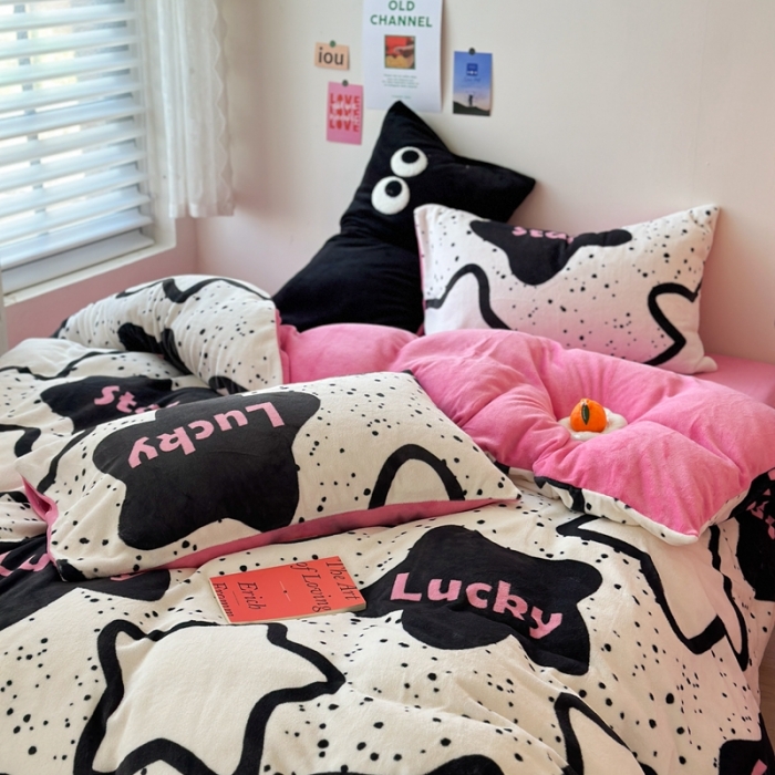 91家纺网 家纺一手货源 找家纺 柚子 2023新款牛奶绒四件套-小众混搭系列 幸运星