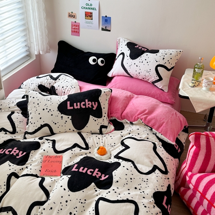 91家纺网 家纺一手货源 找家纺 柚子 2023新款牛奶绒四件套-小众混搭系列 幸运星