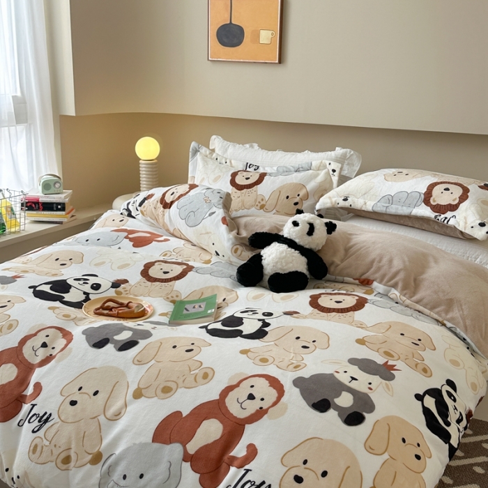 91家纺网 家纺一手货源 找家纺 柚子 2023新款牛奶绒四件套-小清新系列 动物之家