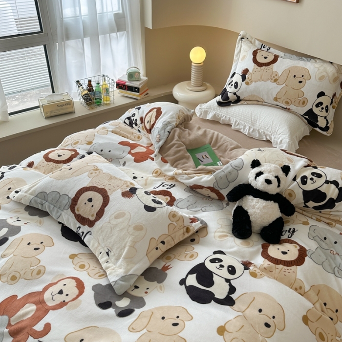 91家纺网 家纺一手货源 找家纺 柚子 2023新款牛奶绒四件套-小清新系列 动物之家