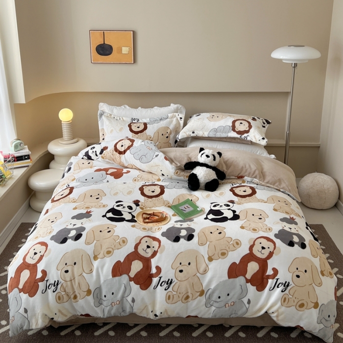 91家纺网 家纺一手货源 找家纺 柚子 2023新款牛奶绒四件套-小清新系列 动物之家