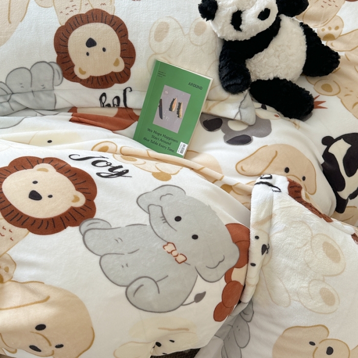 91家纺网 家纺一手货源 找家纺 柚子 2023新款牛奶绒四件套-小清新系列 动物之家