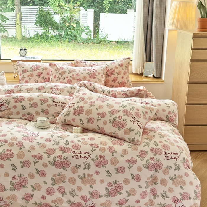 91家纺网 家纺一手货源 找家纺 梦莱斯 2023新款高克重保暖牛奶绒水晶绒印花四件套 粉玫瑰