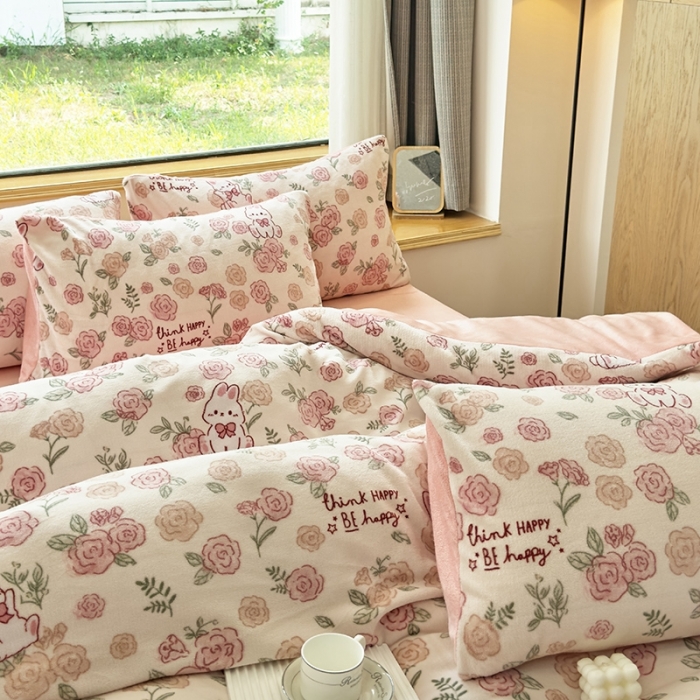 91家纺网 家纺一手货源 找家纺 梦莱斯 2023新款高克重保暖牛奶绒水晶绒印花四件套 粉玫瑰