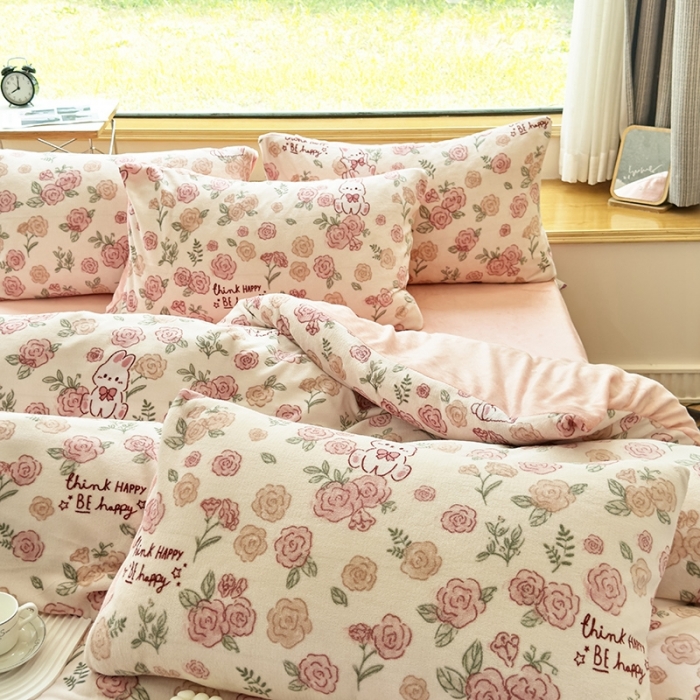 91家纺网 家纺一手货源 找家纺 梦莱斯 2023新款高克重保暖牛奶绒水晶绒印花四件套 粉玫瑰