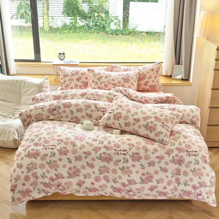 91家纺网 家纺一手货源 找家纺 梦莱斯 2023新款高克重保暖牛奶绒水晶绒印花四件套 粉玫瑰