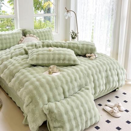 24新款380克托卡斯仿皮草大泡泡8-9斤牛奶绒兔毛绒兔兔绒四件套 暮光绿