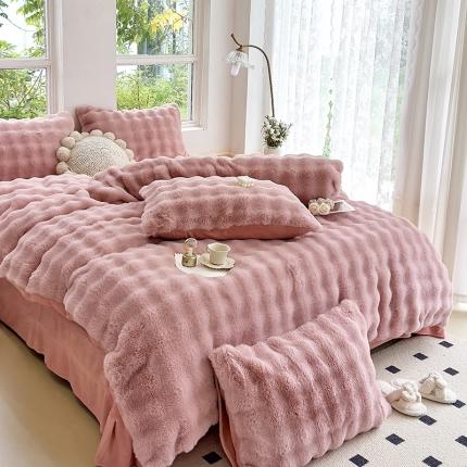 24新款380克托卡斯仿皮草大泡泡8-9斤牛奶绒兔毛绒兔兔绒四件套 蔷薇粉