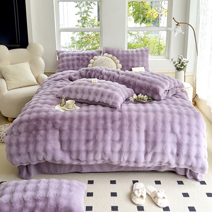 91家纺网 家纺一手货源 找家纺 24新款380克托卡斯仿皮草大泡泡8-9斤牛奶绒兔毛绒兔兔绒四件套 香盈紫