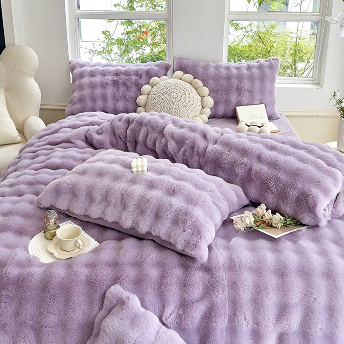 91家纺网 家纺一手货源 找家纺 24新款380克托卡斯仿皮草大泡泡8-9斤牛奶绒兔毛绒兔兔绒四件套 香盈紫