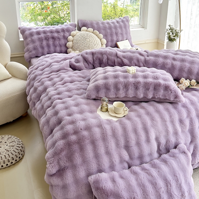 91家纺网 家纺一手货源 找家纺 24新款380克托卡斯仿皮草大泡泡8-9斤牛奶绒兔毛绒兔兔绒四件套 香盈紫