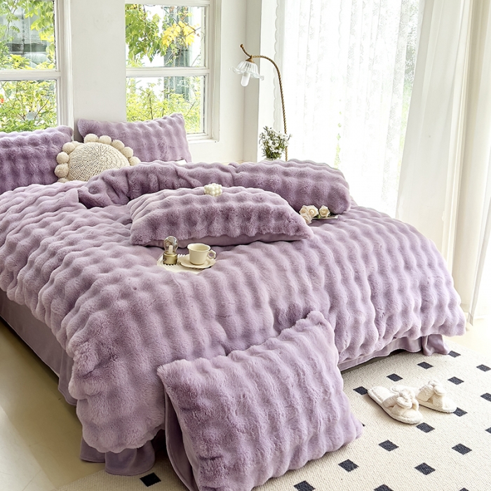 91家纺网 家纺一手货源 找家纺 24新款380克托卡斯仿皮草大泡泡8-9斤牛奶绒兔毛绒兔兔绒四件套 香盈紫