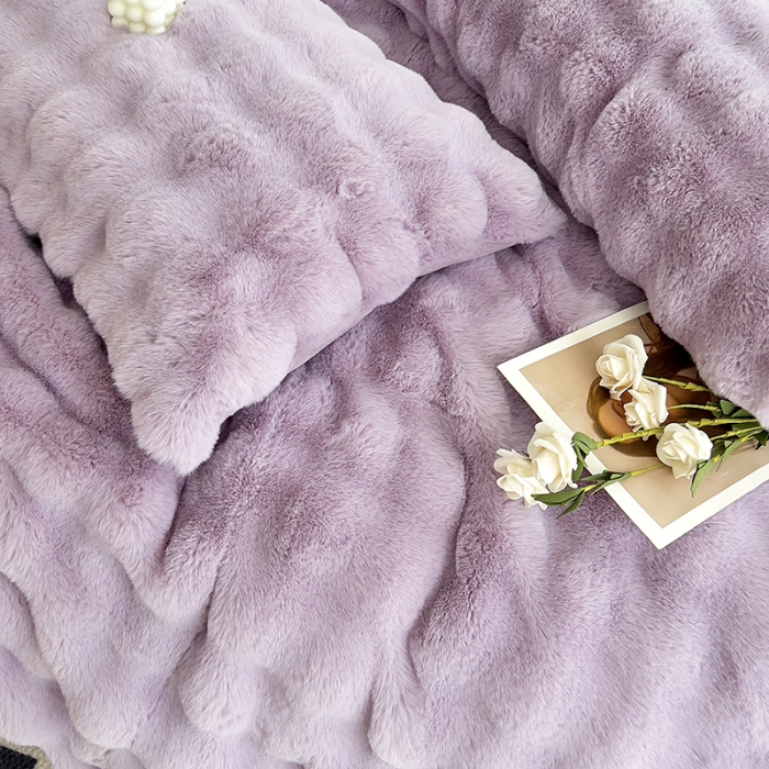 91家纺网 家纺一手货源 找家纺 24新款380克托卡斯仿皮草大泡泡8-9斤牛奶绒兔毛绒兔兔绒四件套 香盈紫