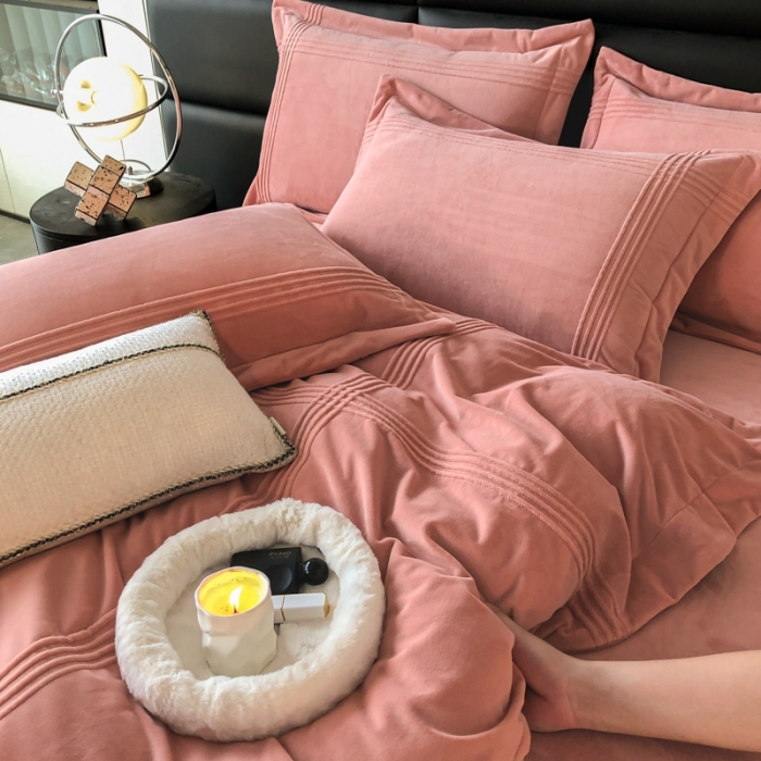 91家纺网 家纺一手货源 找家纺 嗯呢2023新款A类高克重婴儿绒牛奶绒埋绳保暖绒四件套 茶粉