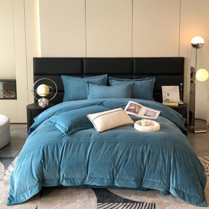 嗯呢2023新款A类高克重婴儿绒牛奶绒埋绳保暖绒四件套 湖兰