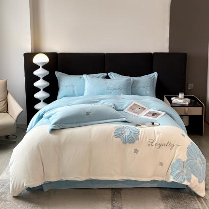你好美丽 2025新款200克牛奶绒拼接刺绣四件套芬芳系列 芬芳蓝